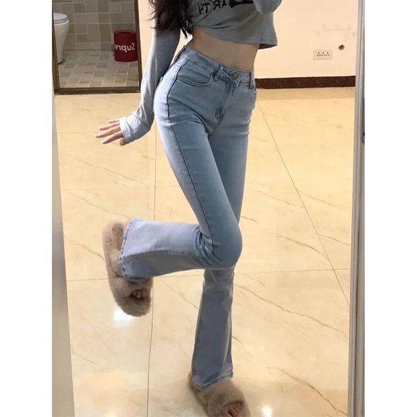 Personalidad Cintura En V Jeans Acampanados De Color Claro Mujer Primavera Y OtoñO Estilo Coreano Cintura Alta Abdomen Y Cadera Pantalones EláSticos XXL Azul-image