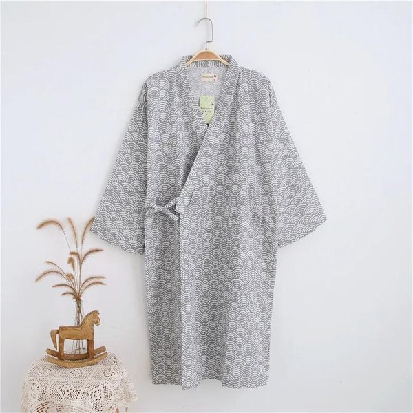 Nowy MęSki 100% BawełNiany Szlafrok Z Gazy BawełNianej LuźNy Cienki Yukata JapońSkie Kimono PiżAma MęSki Szlafrok Z Kapturem PiżAma Z Dekoltem W Serek Szlafrok L Gray-image