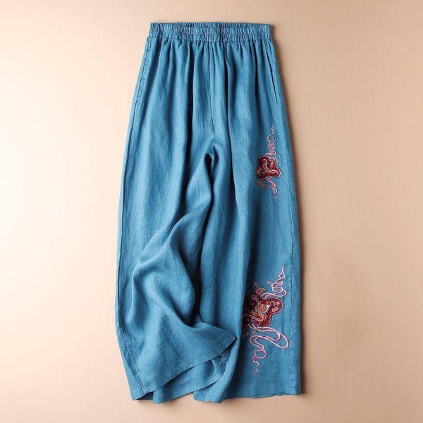 Pantalones Retro De Pierna Ancha Para Mujer En Verano, Pantalones Casuales Finos Y Sueltos, Pantalones Cropped ArtíSticos Y VersáTiles 3XL Azul-image