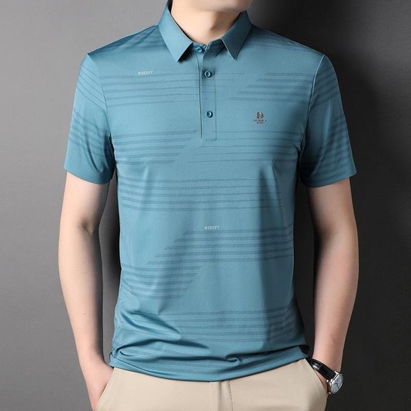 Camiseta Fina De Verano Para Hombre De Mediana Edad Nueva Rayas Solapa Manga Corta Tendencia Coreana Casual Camisa Polo XL Gray-image