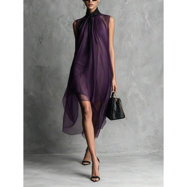 Vestido Midi De Malla Transparente Con Cuello Halter, Lazo Lateral Y Abertura Lateral Para Mujer XL-image
