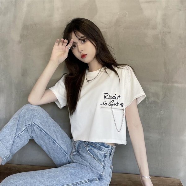 Camiseta De Manga Corta Holgada De Verano Estilo Coreano Nuevo Con Cremallera Y Estampado De Letras Top Para Estudiantes Para Mujer 2XL Blanco-image