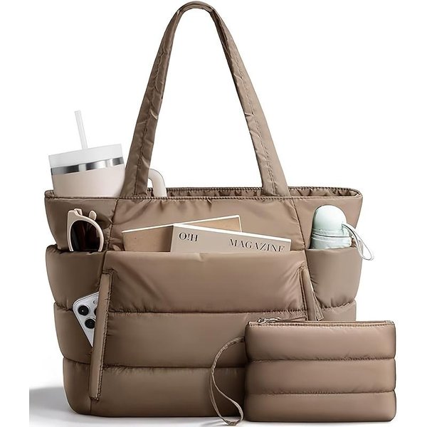 Pikowana Torba Tote DużEj PojemnośCi Dla Kobiet, Wielokomorowa Torba Na Ramię Z Uchwytem Na Kubek, Etui Na Laptop Do Codziennych DojazdóW, PodróżY I Wycieczek KTB Khaki-image