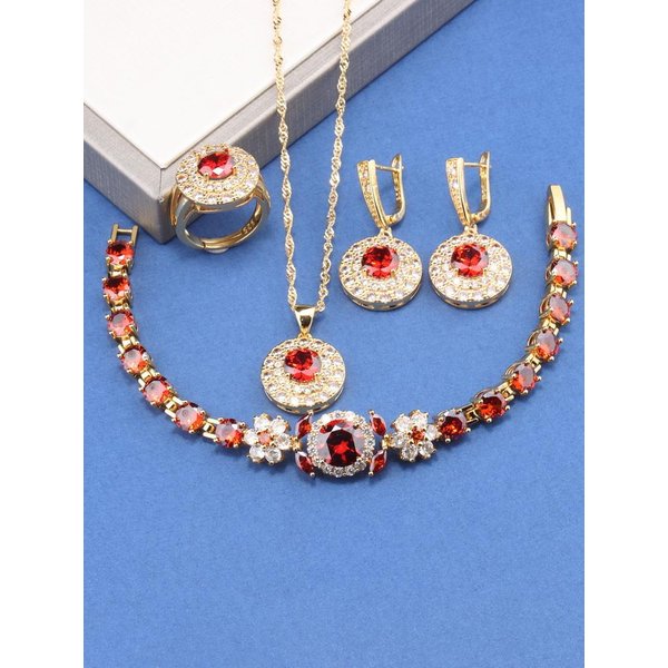 Brasil Chapado En Oro Lujo Circonita JoyeríA Italia Pulsera Con Charms Collar Y Pendientes Anillo De Boda Para Mujeres Regalo Conjuntos De Novia Resizable White-image