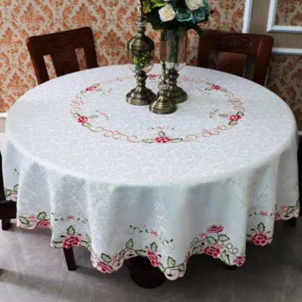 DużY OkrąGłY Obrus Z Haftem OkrąGłY Obrus Weselny Hotel W Stylu Europejskim Obrus Urodzinowy Siedzisko Hollow Out Koronkowy BiałY Obrus 150Cm-image