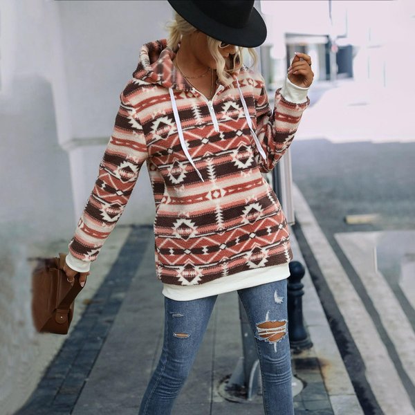 Sudadera Con Capucha Y Media Cremallera Informal Para Mujer De OtoñO E Invierno, Holgada, Con Estampado GeoméTrico S Gray-image
