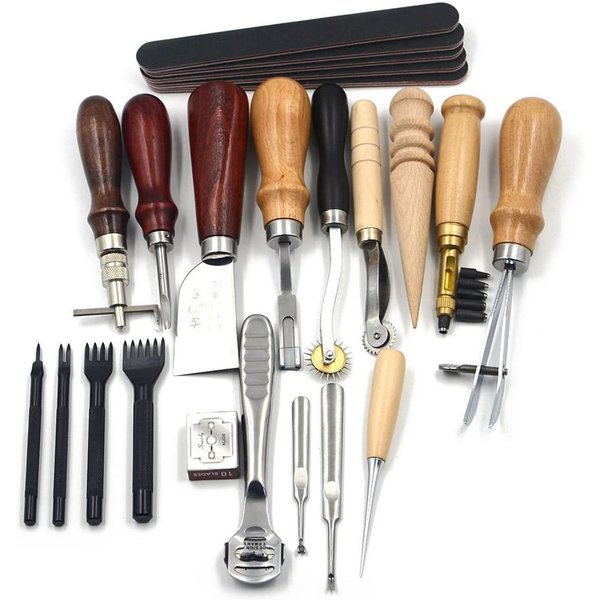 18 Sztuk SkóRzane PrzyrząDy Do Szycia Craft DIY Zestaw Do Szycia RęCznego Z SzydłEm Groover Woskowany Naparstek 18Pcs-image