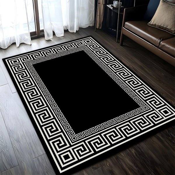 Luksusowy Dywanik Z Greckim Wzorem Meandra, Czarno-BiałY WzóR Meandra, AntypośLizgowy NiskopyląCy Zmywalny Dywanik Do Wystroju Domu 120X160Cm-Felt-image