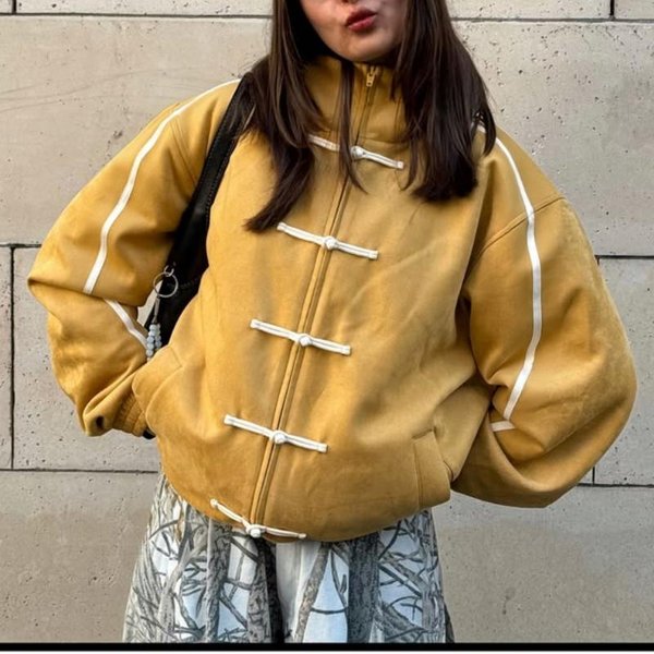 Chaqueta De Mujer Con Botones De Rana China Y2K Vintage Sudadera Con Cremallera Chaqueta Bomber Cuello Alto Preppy Streetwear S Amarillo-image