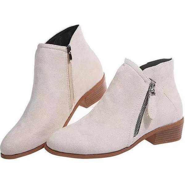 Buty Damskie, Botki Damskie, Zamsz, OkrąGłY Nosek, Zamek Boczny, Gruby Obcas, SkóRzane Buty, Damskie KróTkie Botki 40 BeżOwy-image