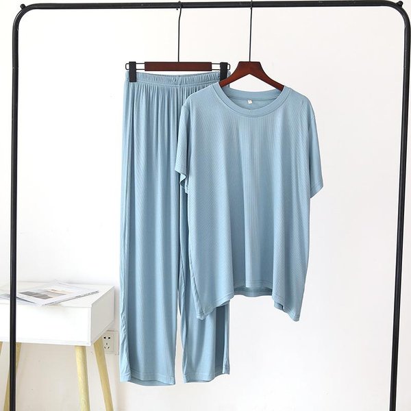 Pijama De Primavera Y Verano Para Mujer, De Manga Corta Y PantalóN, De Dos Piezas, Fino, Holgado, De Talla Grande, De Color Liso, Para El Hogar. XL Gray-image