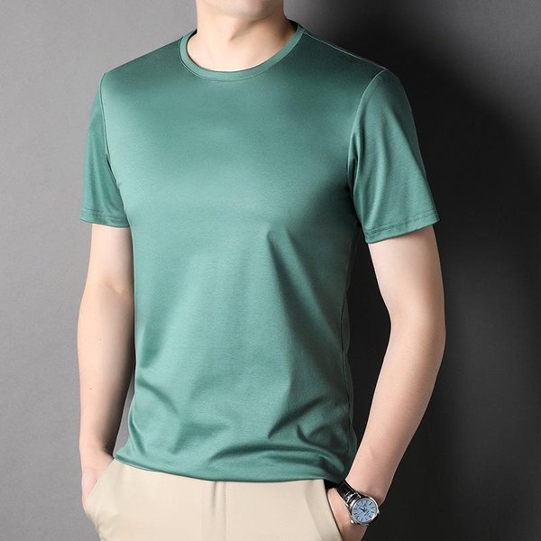 Camiseta De Manga Corta De Seda De Morera De Color SóLido Para Hombre, Cuello Redondo, AlgodóN Mercerizado De Media Manga, Camiseta Fina Y Moderna Para Hombre 3XL Gray-image