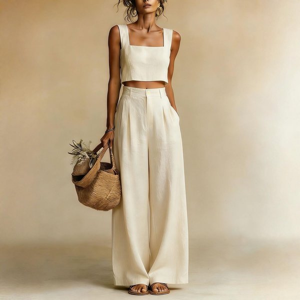 Conjunto Casual De Mujer Con Cuello Cuadrado Y Pantalones De Pierna Ancha, Chaleco Sin Mangas Holgado Conjunto De Dos Piezas S Beige-image
