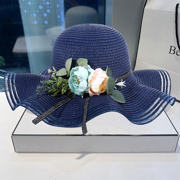 Sombrero De Paja Para Mujer Verano Dulce Ala Grande Sombrero De Playa Sombrero Para El Sol Sombrero De Sol De Moda Para Mujer Verano NiñOs M(56-58Cm) Azul Marino-image