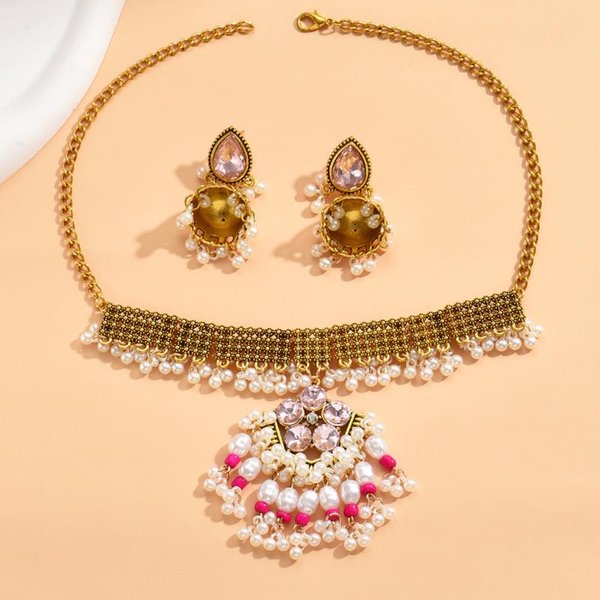 Moda Personalidad Simple Brillante Accesorios Lujo Ligero Elegante Perla Conjunto De Dos Piezas Collar, Pendientes Brown-image