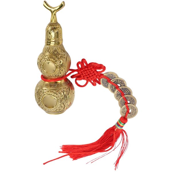 MosiężNa Tykwa Feng Shui Ornament RęCznie Robiony Wu Lou Kolekcjonerski Z 5 ChińSkimi Monetami Na Bogactwo Zdrowie SzczęśCie Dom Biuro Beige-image