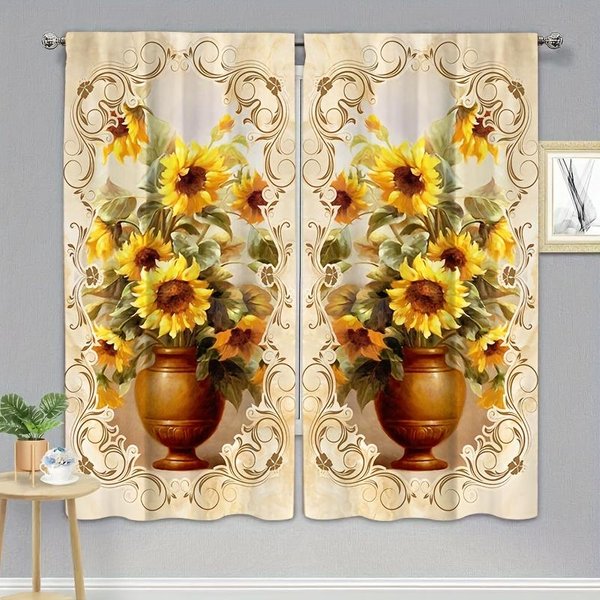2 Piezas Cortina Con Estampado Digital 3D De Flores En JarróN Cortinas Para Sala De Estar Cortinas Con Ojales DecoracióN Para El Hogar Oficina Sala De Estar 2X50W100H(Cm)&Hook-image