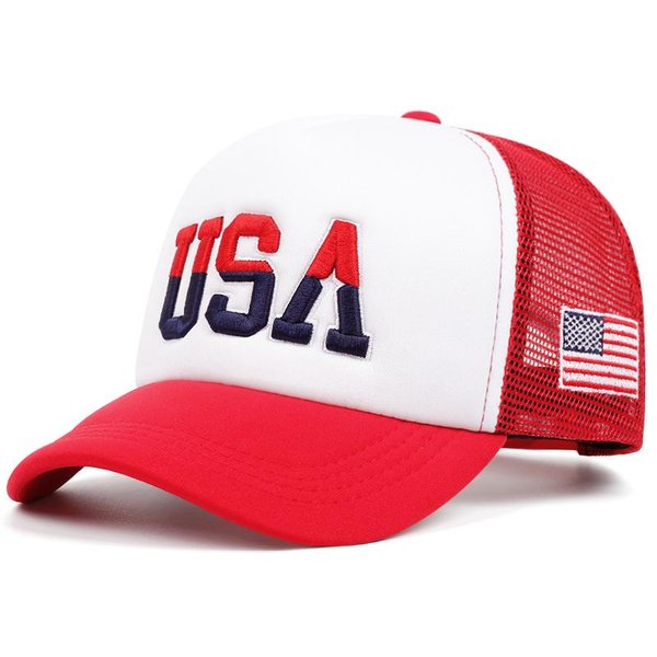 Nowa BawełNiana Czapka Siatkowa USA Haftowana Z Boku Flaga AmerykańSka Modna Czapka Hip Hopowa Outdoorowa Czapka PrzeciwsłOneczna Regulowana Czapka Baseballowa Red-image