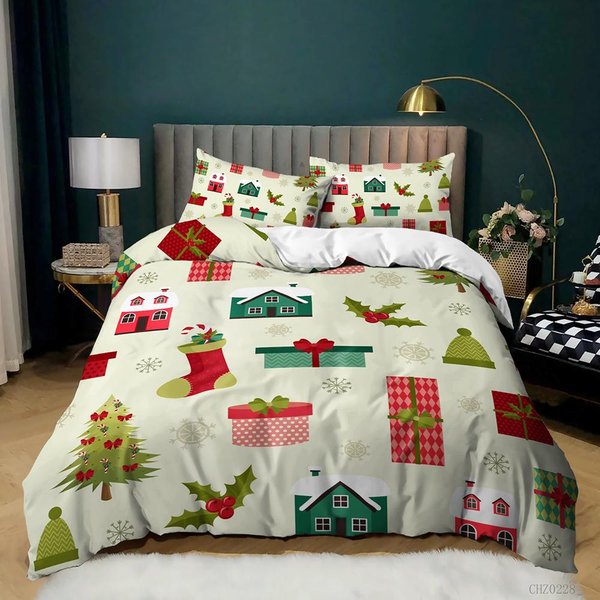 Juego De Funda NóRdica De Navidad Invierno MuñEco De Nieve Papá Noel CalcetíN De Navidad Juego De Cama TamañO Doble Queen King PoliéSter Funda De EdredóN 140X200Cm 3Pcs-image