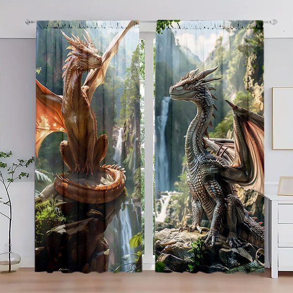 2 Szt. DominująCe ZasłOny Z Nadrukiem Smoka Do Dekoracji Domu - Kieszeń Na Karnisz, Dekoracja Okna Do Sypialni, Biura, Kuchni, Salonu, 52.5Cmx116Cm X 2Pcs Gray-image