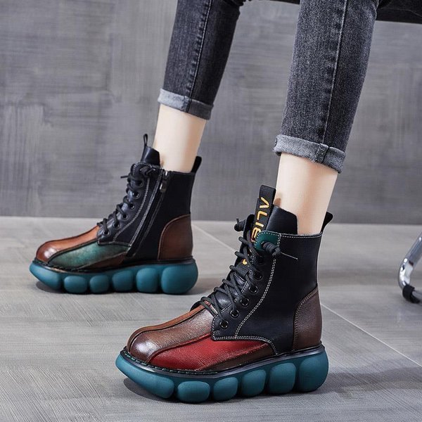 Jesienne Buty W Mieszanych Kolorach Kobiety Botki Moda OkrąGłY Nosek Sznurowane Retro RęCznie Robione Casualowe Buty Na Platformie Botki Do Kostki Damskie KróTkie Botki 38 Gray-image