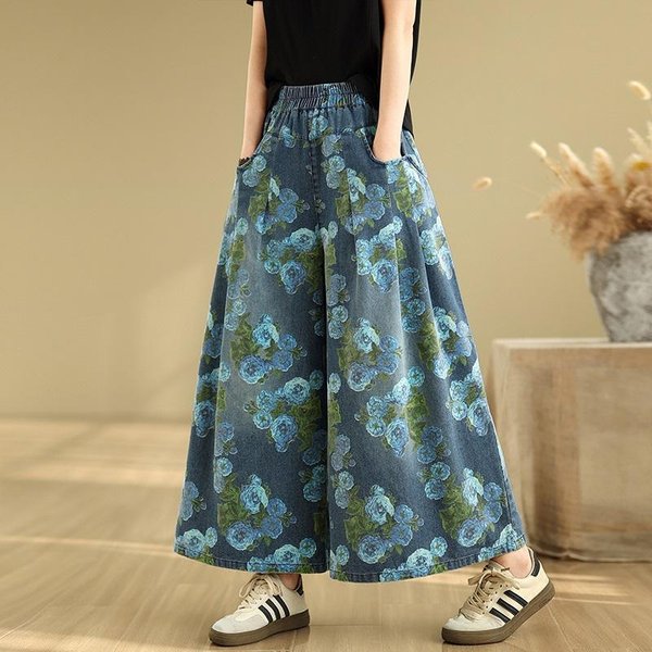 Plus Size Cienkie Vintage Kwiatowe Wysoki Stan Swobodne LuźNe Damskie Letnie DżInsy Denim Szerokie Nogawki Spodnie L Gray-image