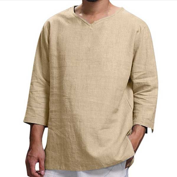 Camisa Holgada De Lino Y AlgodóN Con Cuello En V Y Manga Larga Para Hombre L-image