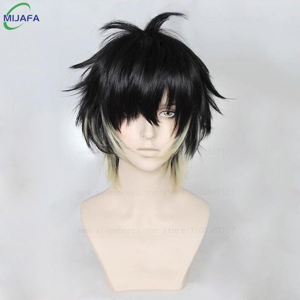 Wysokiej JakośCi Peruka Cosplay Towa KróTka Czarno-Blond Odporna Na CiepłO Syntetyczne WłOsy Peruki Anime + Czepek Pod Perukę Black-image