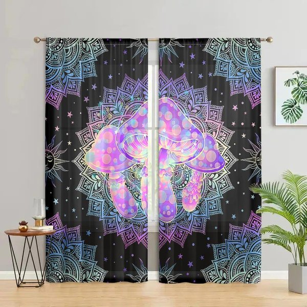 2 Piezas, Cortinas Bohemias De Mandala Con Setas PsicodéLicas - 30% Opacas - Adecuadas Para Sala De Estar, Dormitorio Y DecoracióN Del Hogar. W150CM H166Cm&Rod Pocket-image