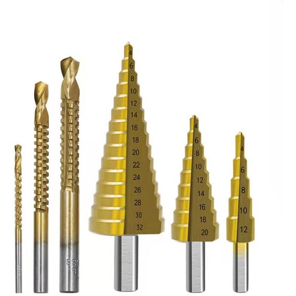 6 Szt. Zestaw Wierteł Stopniowych I Pił Otworniczych Tytanowy Frez 4-12 4-20 4-32Mm 3 6 8Mm Do ObróBki Drewna Metalu Otwornik Do Rdzeni-image