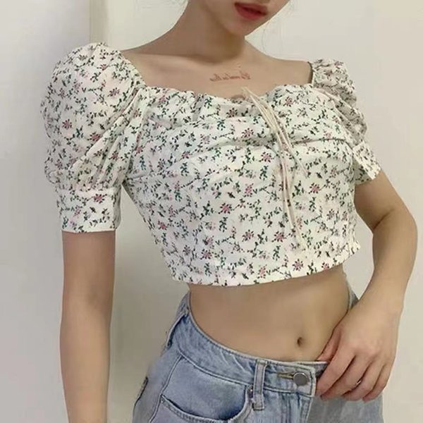 Nuevo Estilo Primavera Y Verano PequeñO Fresco Cuello Cuadrado Floral Manga Corta Abullonada Top Para Hacerlo Lucir Delgado Y Corto Camiseta Para Mujer XL Gray-image
