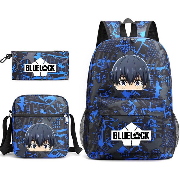 Estudiantes De Primaria Y Secundaria Mochila Tres Piezas Bluelock PrisióN Azul Estudiantes Masculinos Y Femeninos Estuche Para LáPices De Campus Mochila Three-Piece Set-image