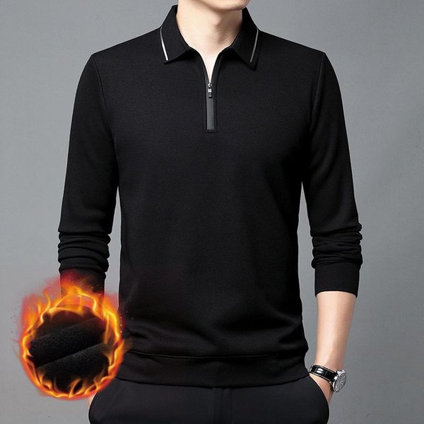 Camiseta De Invierno Para Hombre De Manga Larga Camiseta BáSica Solapa Media Cremallera Business Casual Camiseta Casual De AlgodóN Para Edad Media Parte Superior Xxxxl Black-image