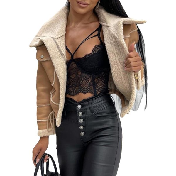 Abrigo De OtoñO E Invierno Nuevo Abrigo Corto De Lana De Cordero Chaqueta Estilo Cremallera Top Mujer L Beige-image