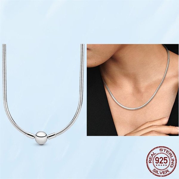 Oryginalna 925 Sterling Silver Snake Necklace Ladies Birthday Party Wedding Fashion BiżUteria 50Cm Beige-image