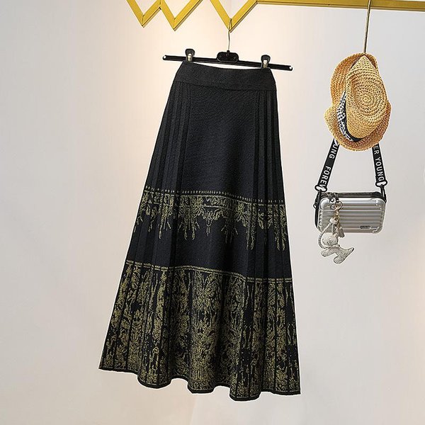 Falda De Punto Con Cara De Caballo Falda Midi Falda De Invierno Talla Grande Gordo Mm Forma De Pera Delgada LíNea A Falda De Cola De Pez XL Black-image