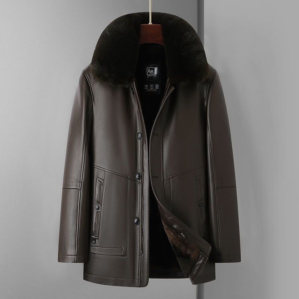 Chaqueta De Cuero De Invierno Para Hombre CáLida Y Felpa Cuello De Piel Grueso Piel Integrada Chaqueta Chaqueta De Cuero 4XL Black-image