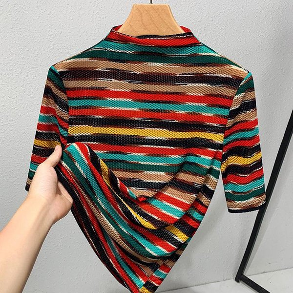 Camiseta De Rayas En Contraste Para Mujer Fina Nueva Ropa Europea Para Mujer Cuello Semi-Alto Camisa De Estilo Extranjero Top EláStico 3XL Red-image