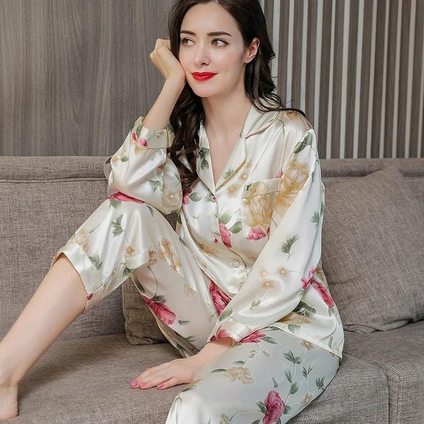 Conjunto De Pijama De Seda Para Mujer 100% Seda Morera Primavera Y OtoñO Pijama De Seda De Manga Larga Para Mujer Para Estar En Casa 2XL White-image