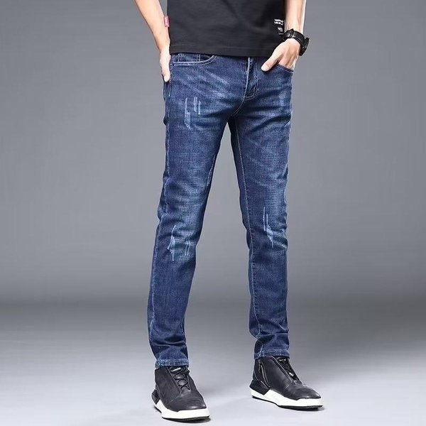 DżInsy MęSkie Letnie, RozciąGliwe, Dopasowane Spodnie Slim Fit Business Casual DłUgie Spodnie Na CałY Mecz Slim-Fit Spodnie Z Prostymi Nogawkami MęSkie 33 Blue-image