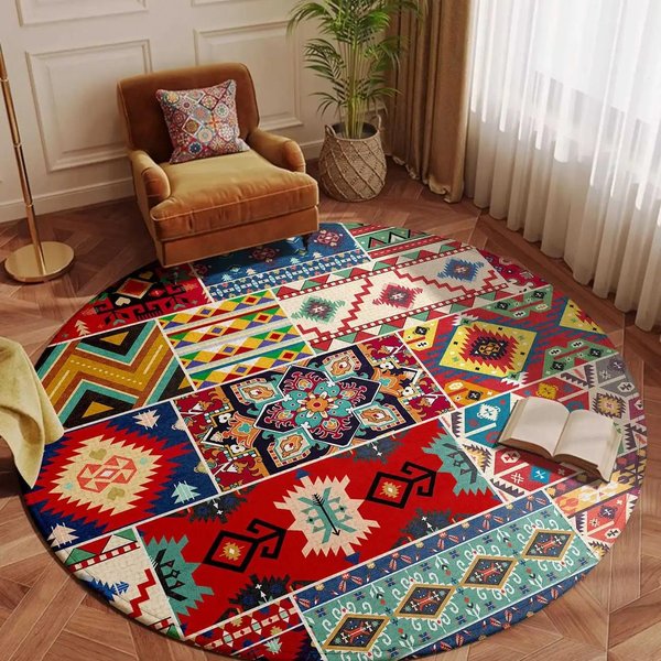 OkrąGłY Etniczny Dywanik Mata Dywan Kolorowy Geometryczny Patchwork WzóR Plemienny MięKki Dywanik PodłOgowy Do Salonu Dekoracja Domu 80X80Cm-image
