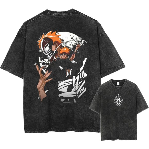 Bleach Drukowany PłUkany Oversize MęSki Damski T-Shirt Vintage Street BawełNiany T-Shirt KróTki RęKaw Ubrania Casual Streetwear LuźNy Damski MęSki Ubrania L Black-image