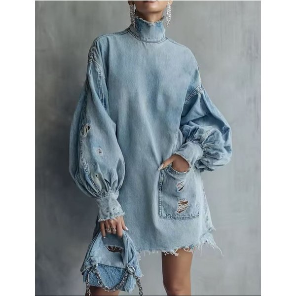 Damska Jasnoniebieska Sukienka Jeansowa Oversize Z Wysokim Dekoltem I RęKawami Lampionowymi Zniszczona Sukienka Jeansowa S Gray-image