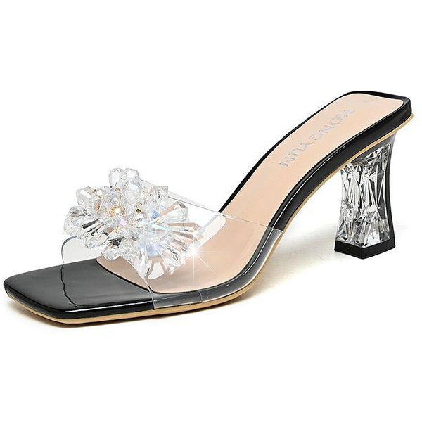 Verano Punta Cuadrada Punta Abierta Moda Transparente Flor Suave Zapatillas De Mujer TacóN De Cristal Nuevas Sandalias De TacóN Alto 35 Negro-image