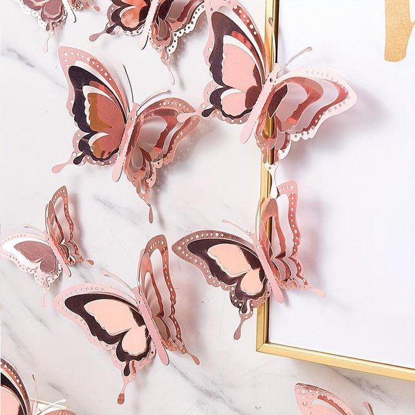 12 Piezas Pegatinas De Pared De Mariposa GeoméTrica 3D - DiseñO Moderno, Autoadhesivas, Reutilizables, Geniales Para DecoracióN Del Hogar, Fondos De Fiesta, Paredes Del BañO, Etc. Color Rosa-image