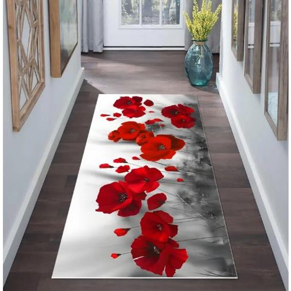Dywan Kwiat Mak Czerwony Styl Art Deco Dywanik Biegacz Dywanik Obszarowy Botaniczny Dywan Boho Dywanik Kuchenny Dywan Artystyczny Do Sypialni Dywan Do Salonu 50X150Cm Gray-image