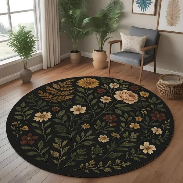 OkrąGłY Dywan Z Nadrukiem Dzikich KwiatóW Botanicznych – MięKki Pastelowy Boho Dywan Kwiatowy, Dekoracja PodłOgowa Do Salonu/Sypialni Inspirowana Naturą Diameter 120Cm(47In)-image
