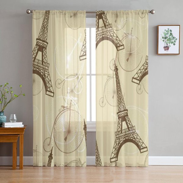 Torre Eiffel Bicicletas Cortinas De Ventana Transparentes De Tul Para La Sala De Estar El Dormitorio Cortinas Modernas De Gasa Voile Organza Cortinas Decorativas 135W X 114H(Cm) Beige-image