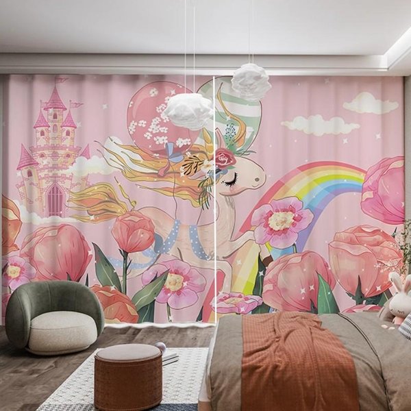 Cortinas Rosas De Princesa De 2 Paneles Cortinas De Dibujos Animados De Castillo De Unicornio ArcoíRis Para NiñAs Cortinas Para Dormitorio Infantil Cortina 2X50W100H(Cm)&Hook-image