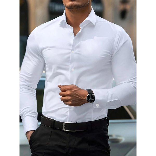 Bolubao Nowe MęSkie Koszule Moda DłUgi RęKaw Casual Jednolity Kolor Elastyczna MęSka Koszula ŚLubna L White-image